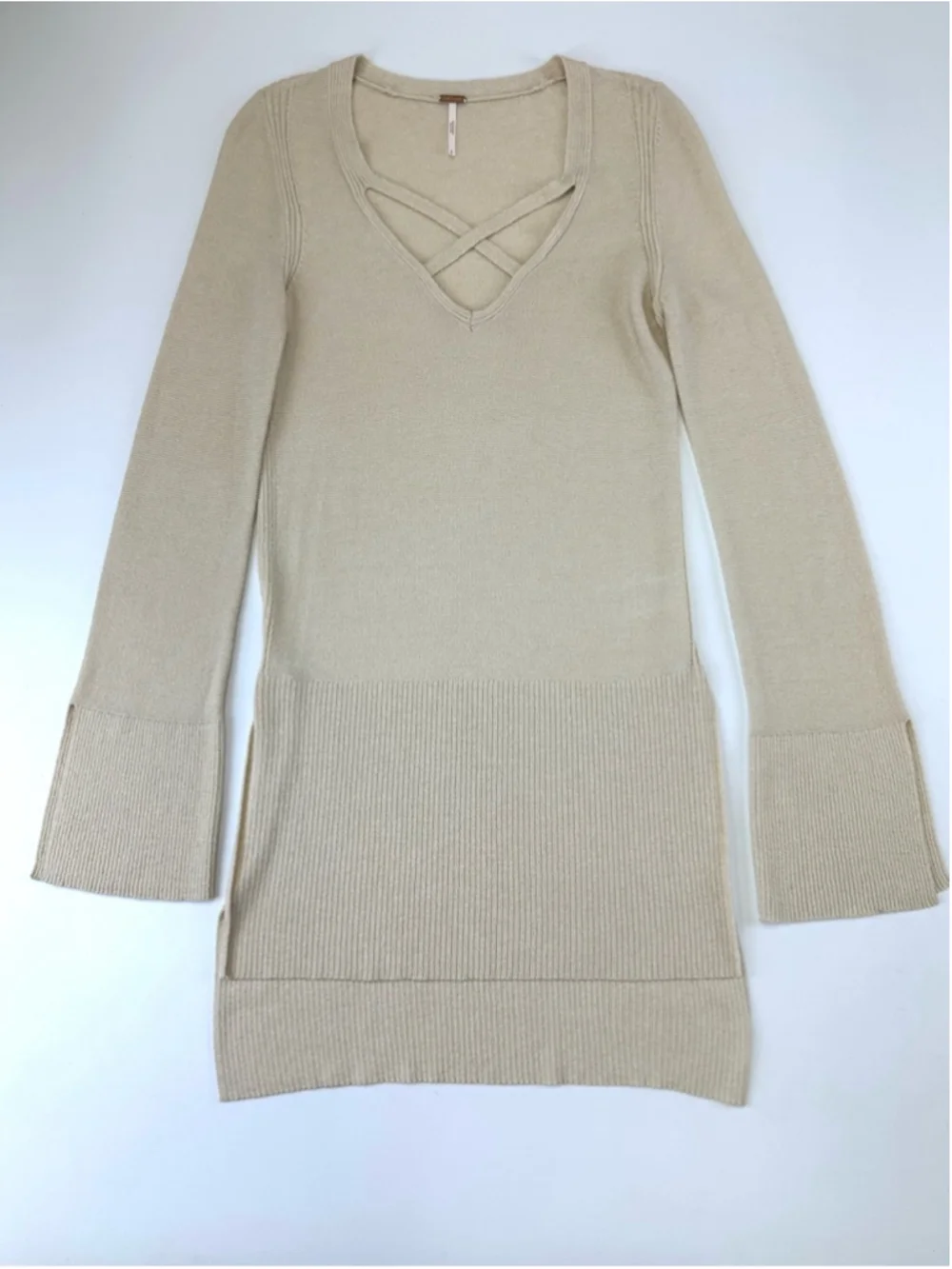 Free People Cream Criss Cross Bell Sleeve Oversized Sweater S Boho Knit Tunic